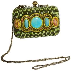 Turquoise Beaded /Painted Enamel Green Beaded Clutch Like New